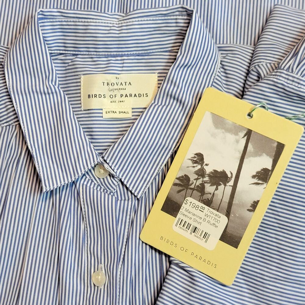Travota Marianne NWT Birds of Paradise Button Ruffle Shirt Blue White Cotton XS - Picture 11 of 14